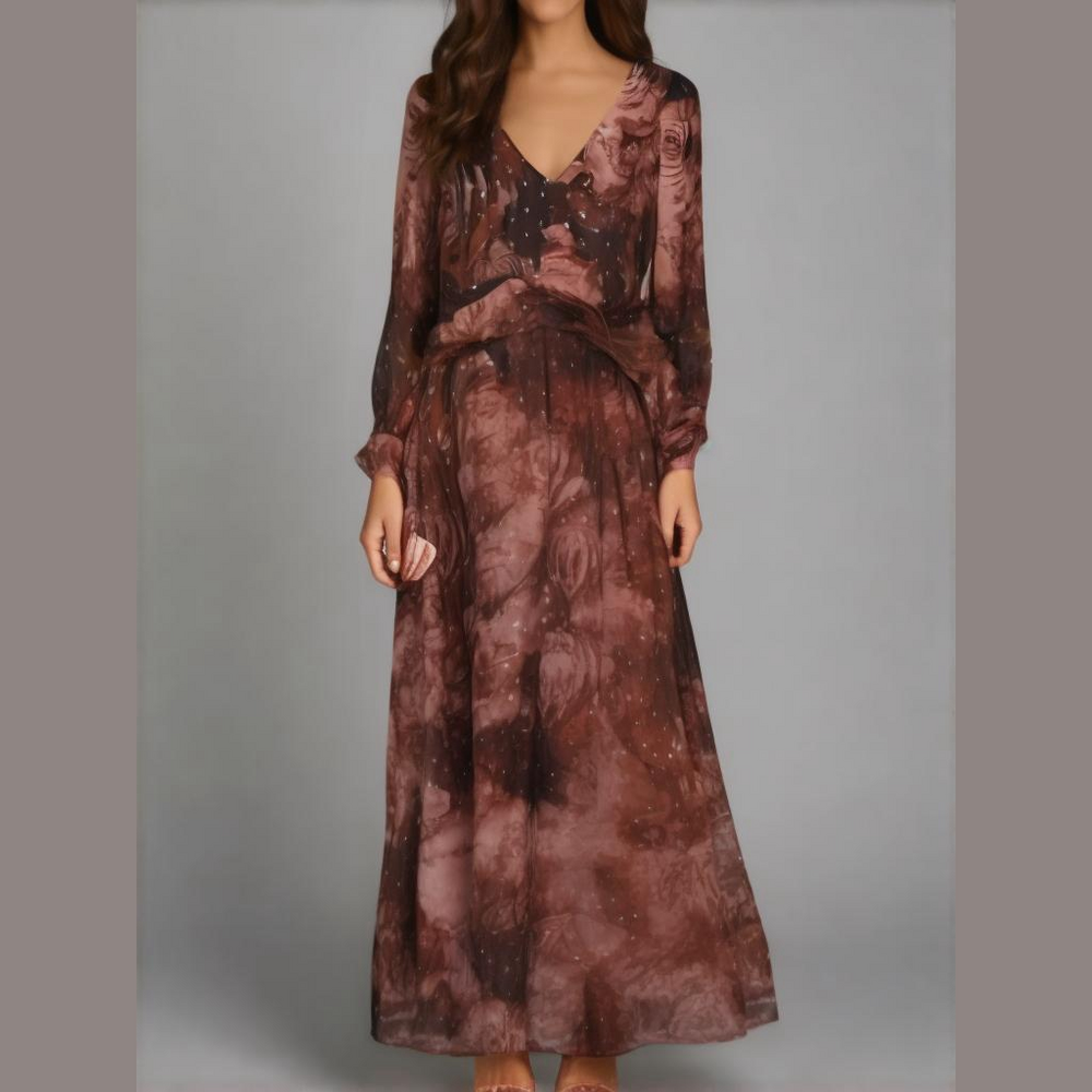 Soft Surroundings 12 Rina Silk Dress Roses Maxi Formal Dress in Mauve NEW